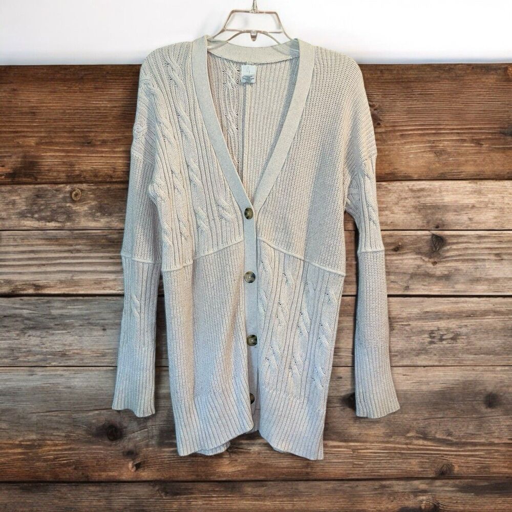 Joie S Cable Knit V Neck Button Up Relaxed Fit Cardigan Sweater in Oatmeal